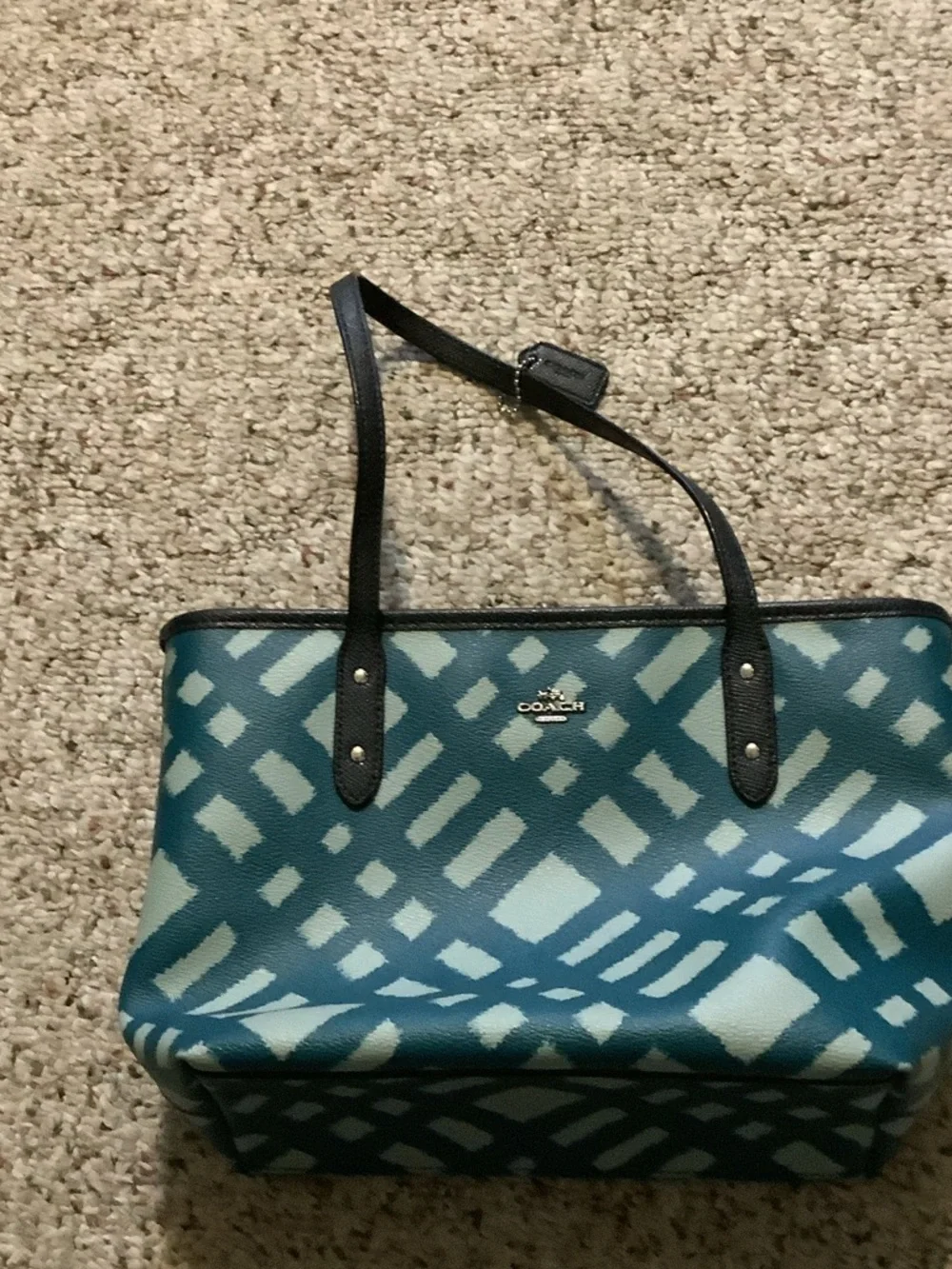 Coach Teal and Light Blue Patterned Tote with Black Straps,‎